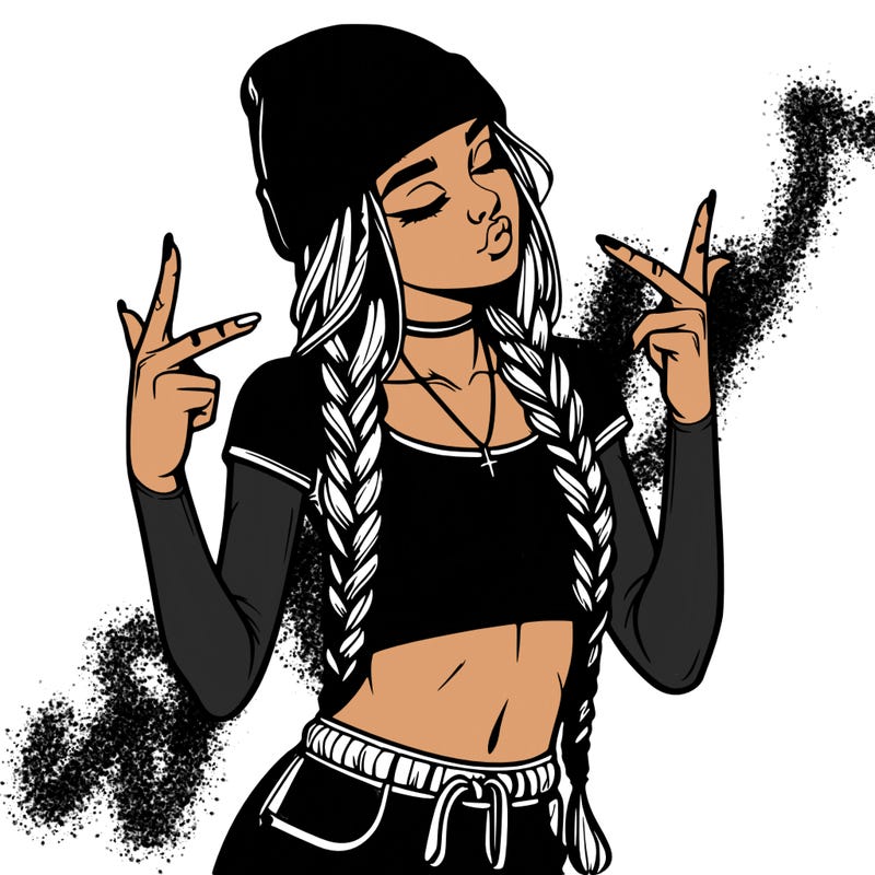 realistic teenage girl with braids and a beanie and crop top doing 🫶🏼