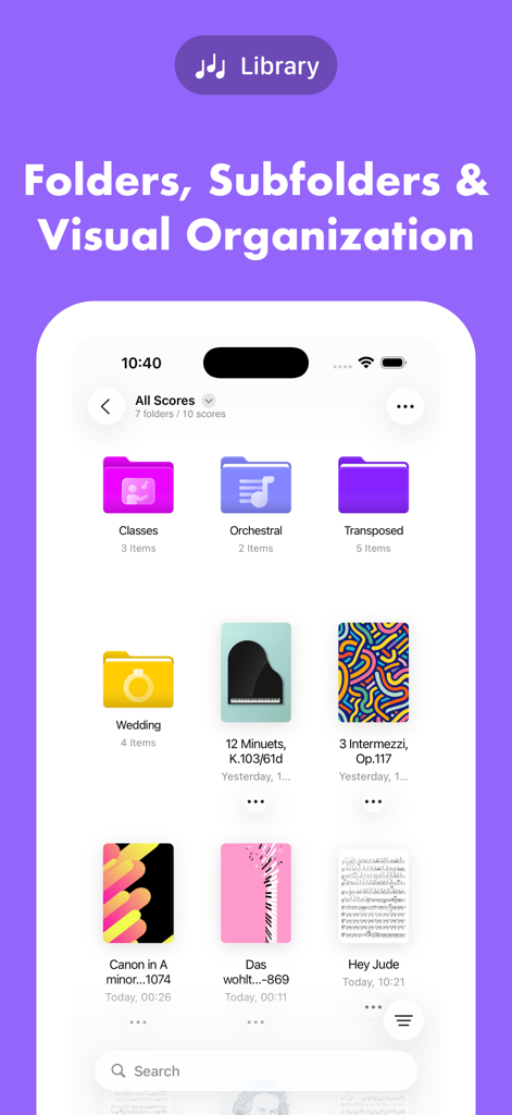 Pantalla de la biblioteca de la aplicación digitalScore mostrando carpetas de música y partituras para una gestión visual organizada.