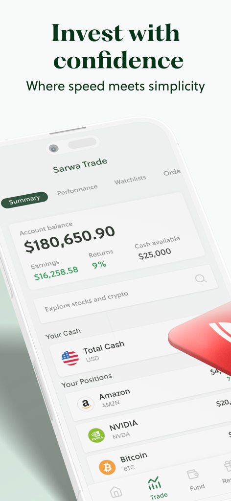 Sarwa: Invest, Trade & Save - Sarwa Trade mobile app interface showing account balance returns and stock positions like Amazon and NVIDIA