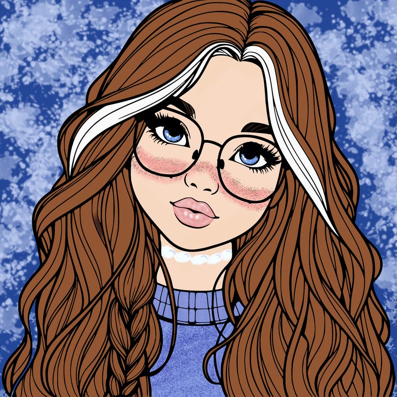 girl with long hair and freckles and glasses realistic