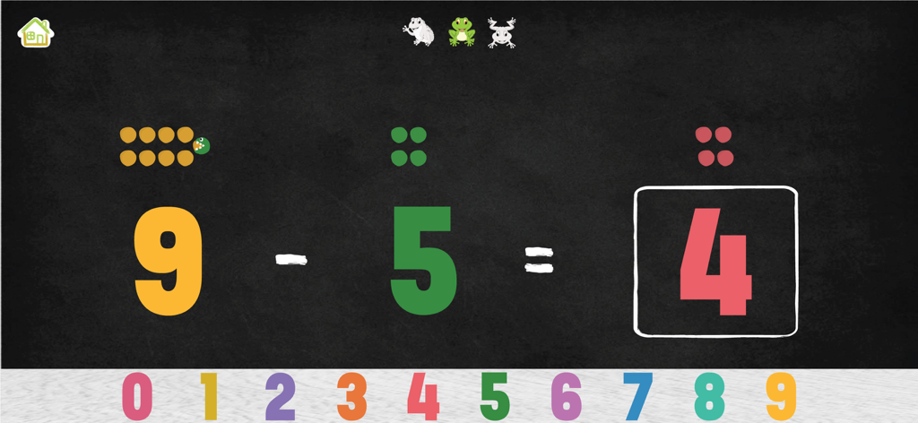 Montessori Math Learning Games - A subtraction math problem showing nine minus five equals four with visual bead counters on a chalkboard background.