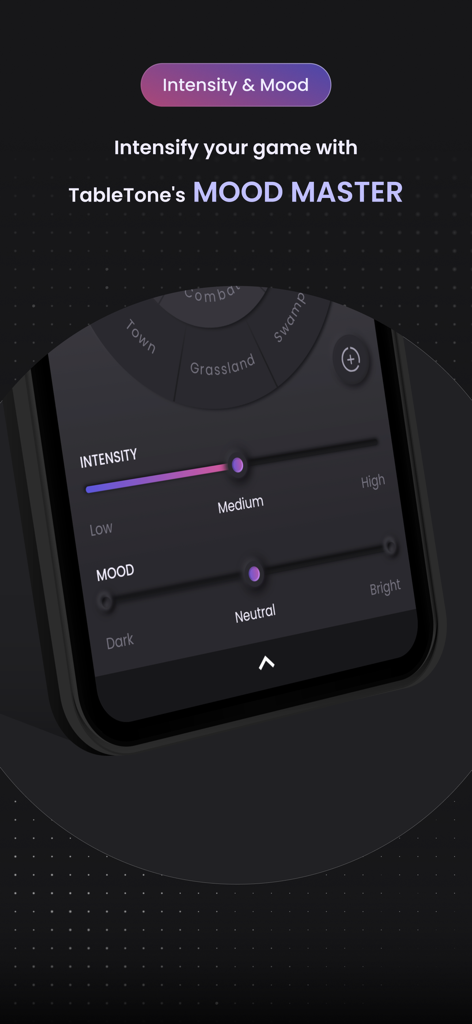 TableTone: TTRPG Music & Sound - Pantalla de la aplicación TableTone que muestra el Mood Master con controles deslizantes de intensidad y estado de ánimo