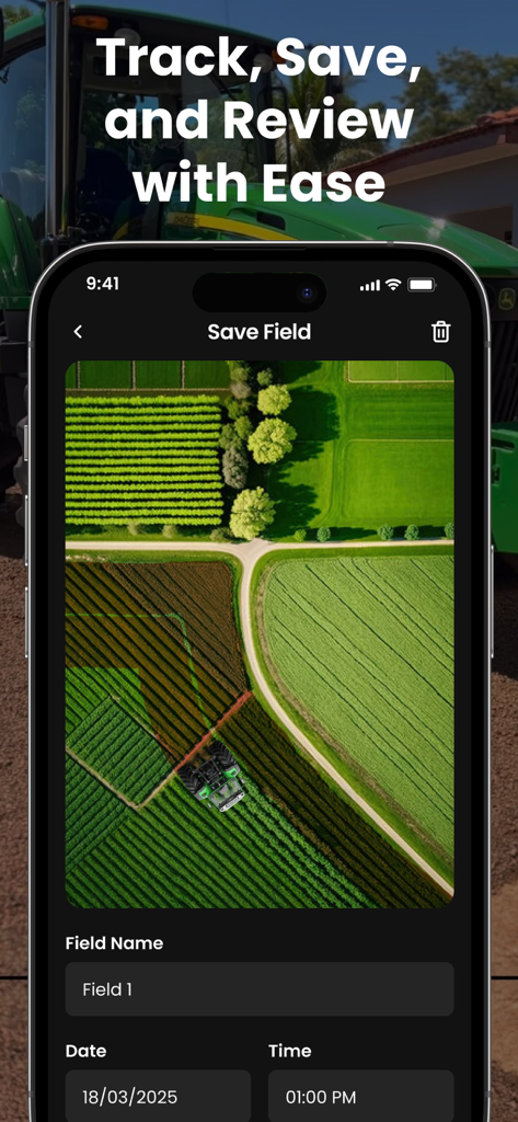 Mobile App-Oberfläche von Farm Sprayer GPS zeigt ein gespeichertes Feld mit einem Traktorweg und einer Luftbildansicht an