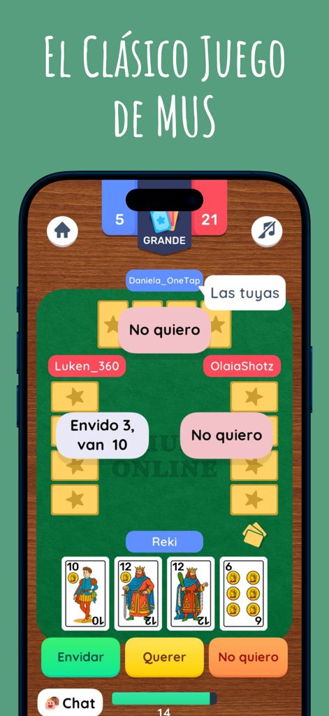 Interfaz de juego de Mus Online con cartas españolas tradicionales y chat de jugadores