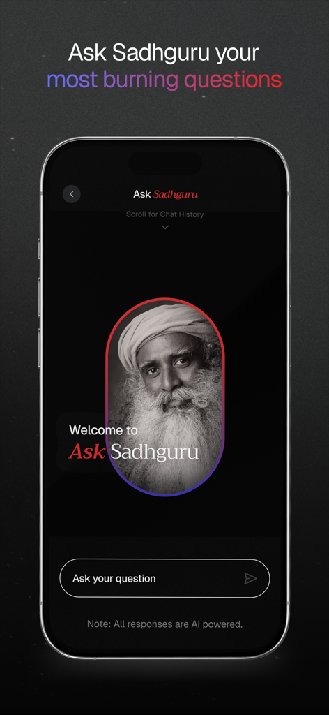 AI powered Ask Sadhguru feature interface in the Miracle of Mind app