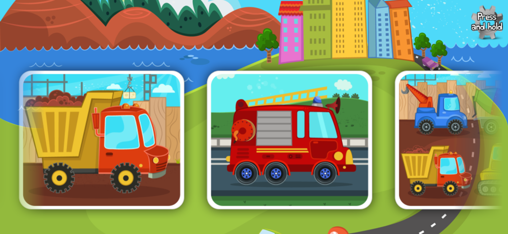 Car Puzzle for Kids - Menú principal de la aplicación Rompecabezas de Coches para Niños que muestra una selección de rompecabezas de vehículos, incluyendo un volquete y un camión de bomberos