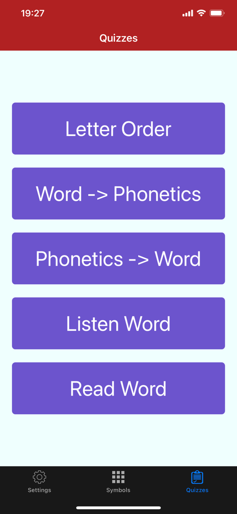 French Sound and Alphabet Easy - Eine Liste von Optionen für Französisch-Sprachquizze, einschließlich Buchstabenreihenfolge, Wort zu Phonetik, Phonetik zu Wort, Wort hören und Wort lesen.