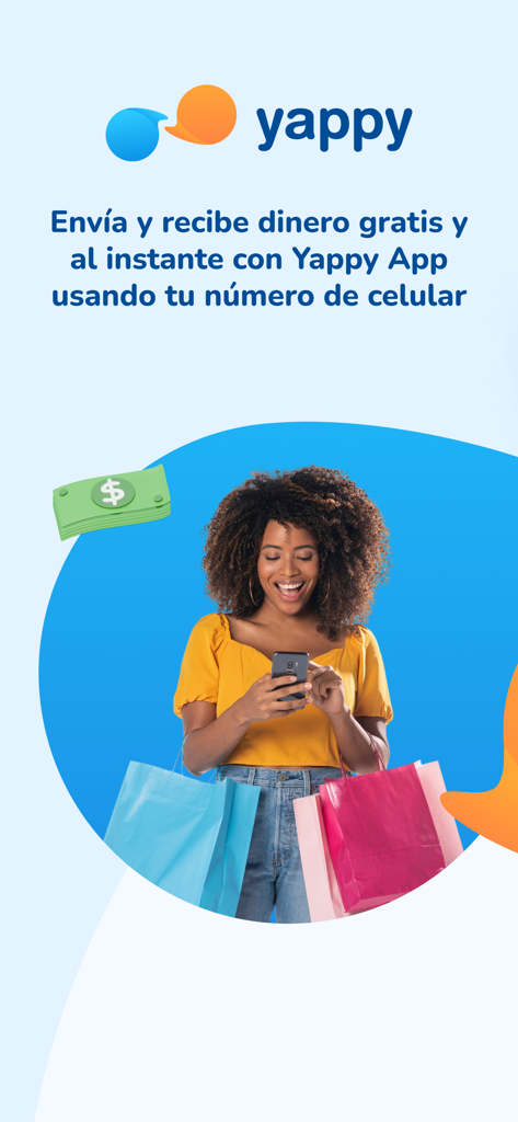 Yappy - Una mujer sonriente sosteniendo su teléfono y bolsas de compras, representando las funciones de la aplicación de pago móvil Yappy.