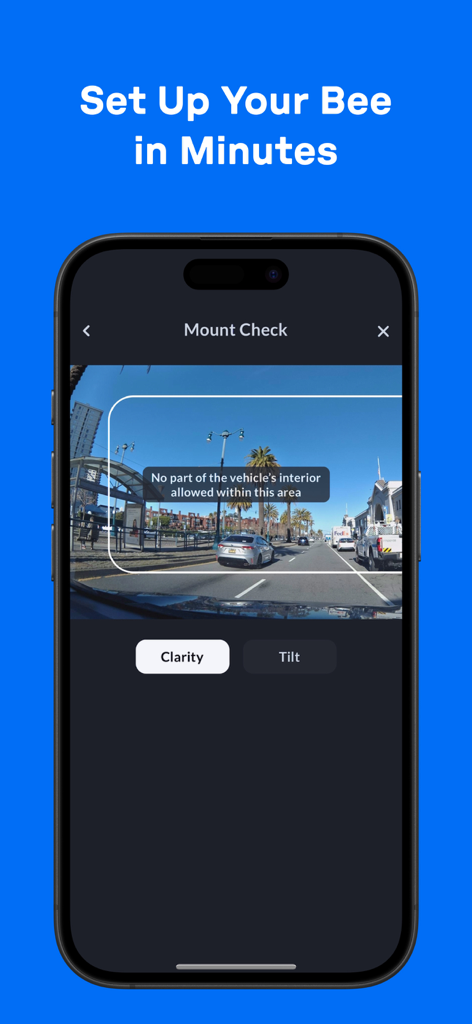 Bee Maps: Drive, Earn, Fun - Écran de smartphone montrant l'interface de configuration de la dashcam et de vérification du montage pour l'application Bee Maps.