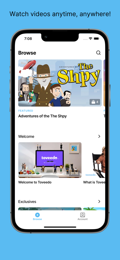Screenshot of the Toveedo mobile app showing the browse section with educational Jewish videos for children
