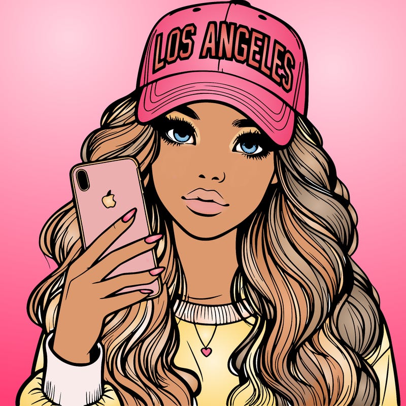 realistic beautiful girl wearing los ángeles cap holding an iphone