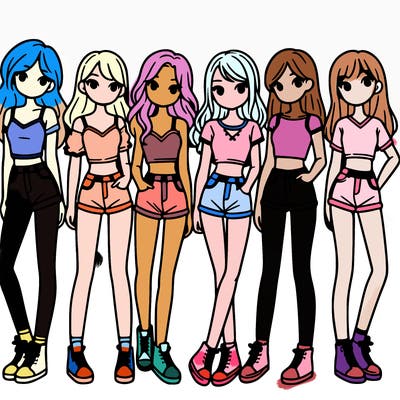 a group of girls wearing crop tops and shorts