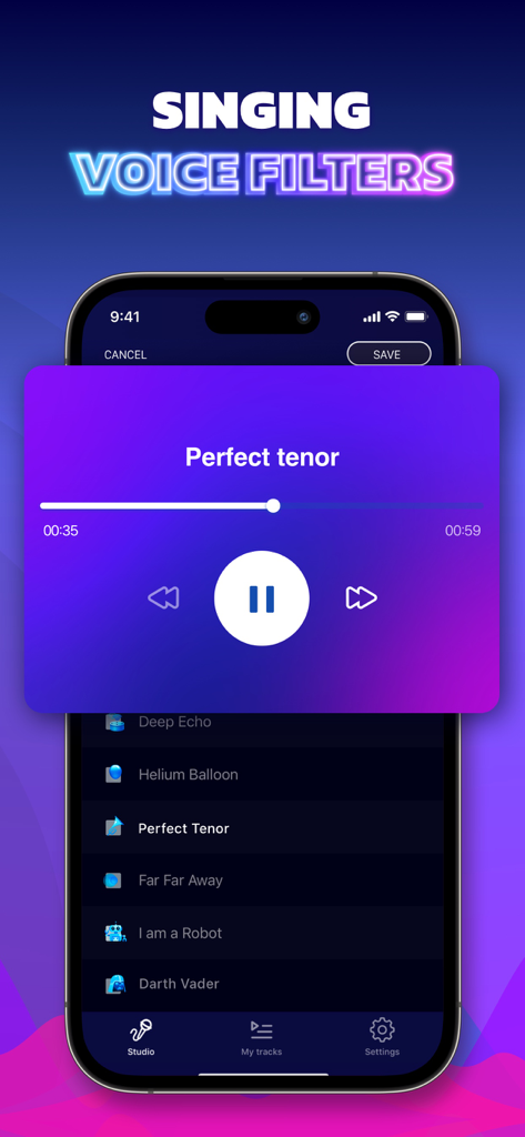 Voice Shifter - Vocal Effects - Pantalla de iPhone mostrando la app Voice Shifter con filtros de voz de canto y el efecto Tenor Perfecto