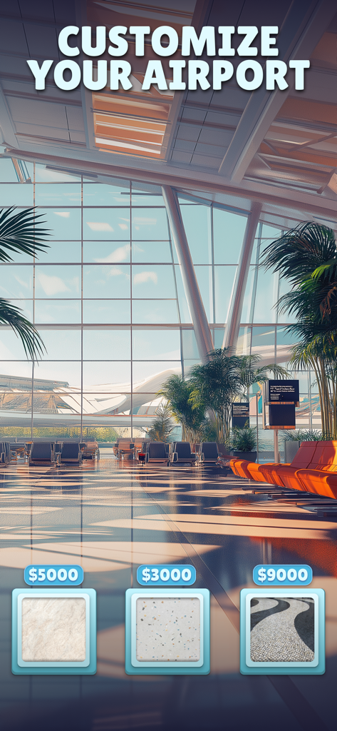 Airline Tycoon: The Game - A menu showing different flooring options and prices for customizing an airport terminal in Airline Tycoon.