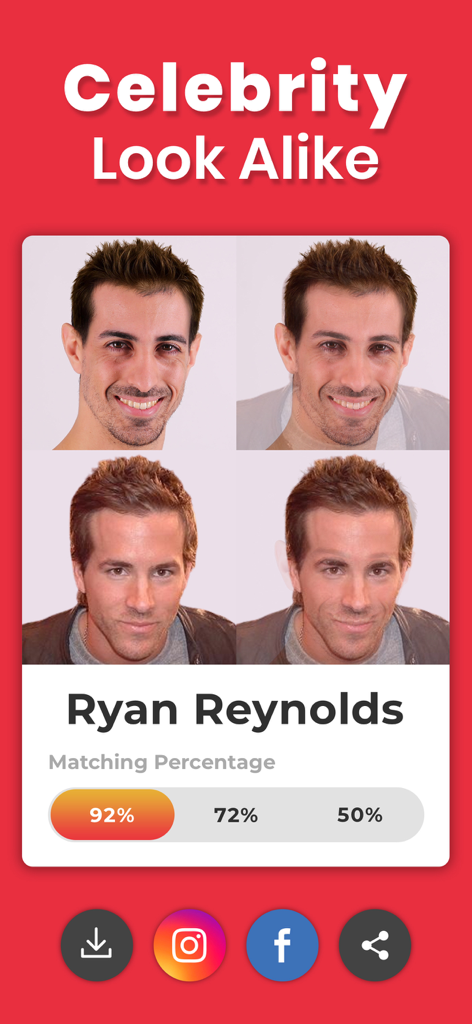 Celebrity Look Alike - Celebrity Look Alike app interface showing a face match comparison with actor Ryan Reynolds