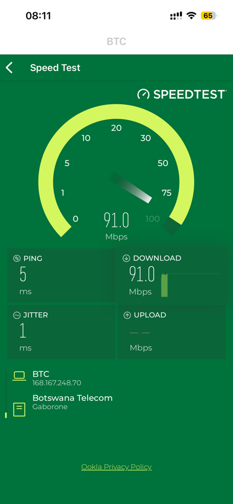 BTC Mobile App - Interfaz de la Aplicación Móvil BTC que muestra el resultado de una prueba de velocidad de Internet con 91 Mbps de velocidad de descarga