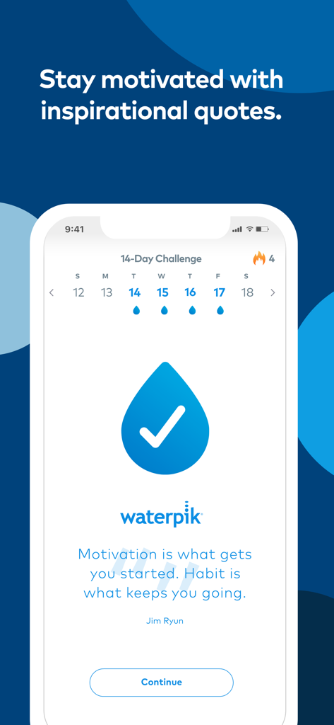Waterpik™ Water Flossing - Waterpik app showing a 14 day flossing challenge habit tracker with an inspirational quote.