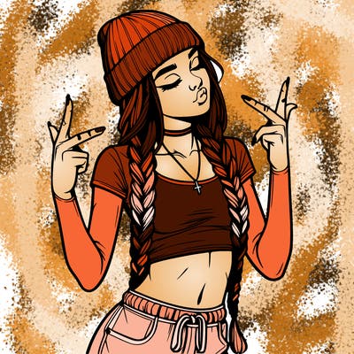 realistic teenage girl with braids and a beanie and crop top doing 🫶🏼