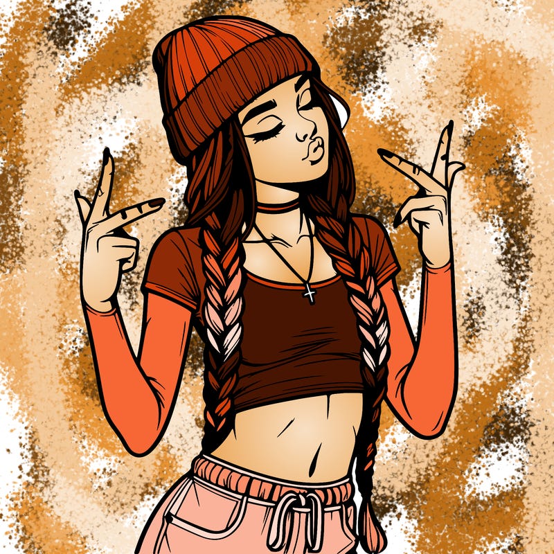 realistic teenage girl with braids and a beanie and crop top doing 🫶🏼