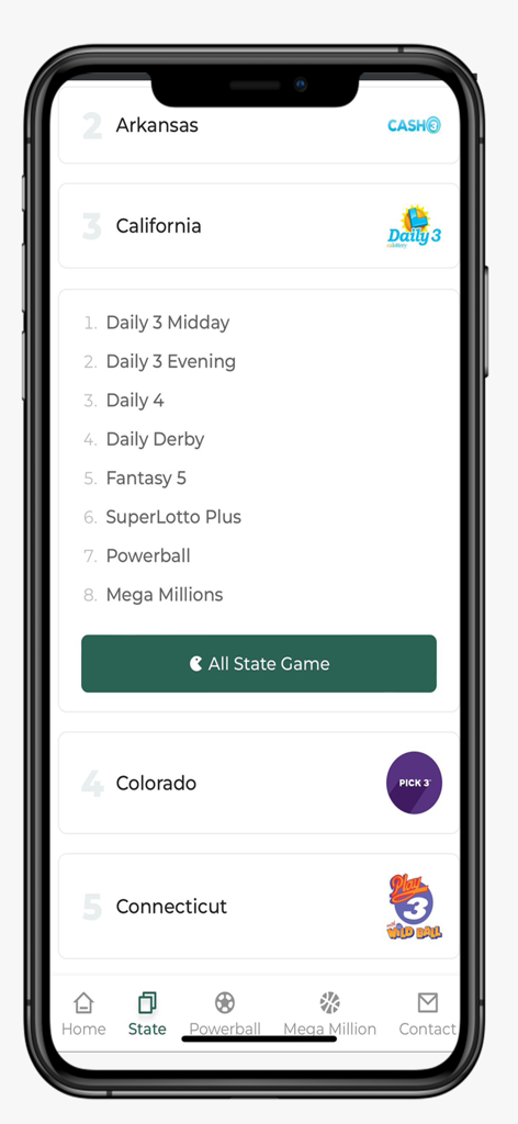 Lotto Results USA - Lotto Results USA app screen displaying a list of lottery games organized by US states including California and Colorado