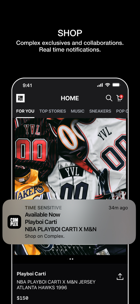 A mobile screen showing an exclusive Playboi Carti jersey drop on the Complex app with a push notification.