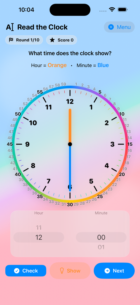 Clock Learning Hero - Read the Clock game interface in the Clock Learning Hero educational app showing an analog clock and digital time selector