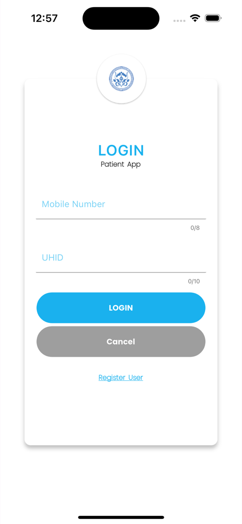 ePIS Patient App - Login interface for the ePIS Patient App showing mobile number and UHID input fields.