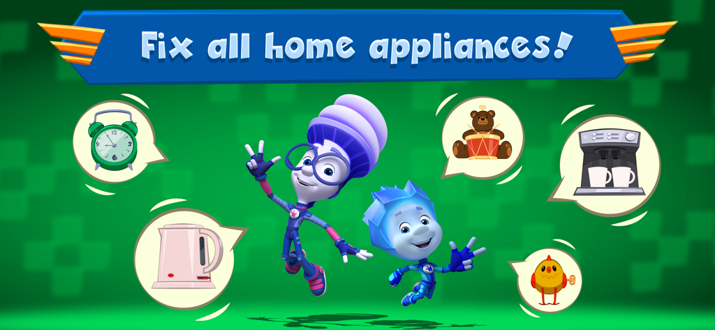 Simka and Nolik from The Fixies jumping with icons of home appliances to repair