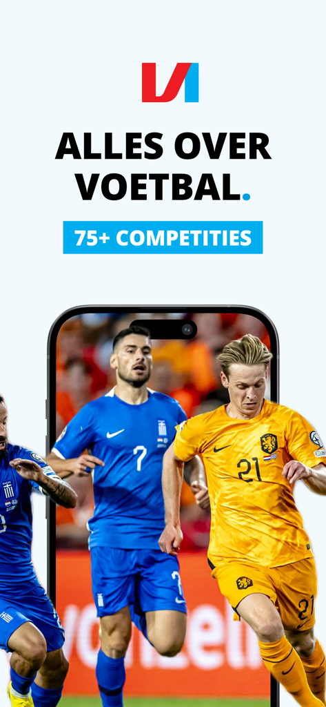 VI | Voetbal International - Voetbal International app promotional screen featuring soccer players and coverage of seventy five plus competitions