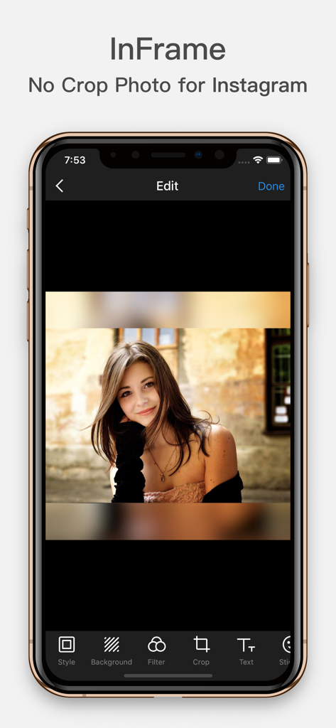 InFrame - Photo editor collage - InFrame photo editor interface featuring a no crop portrait with a blurred background effect