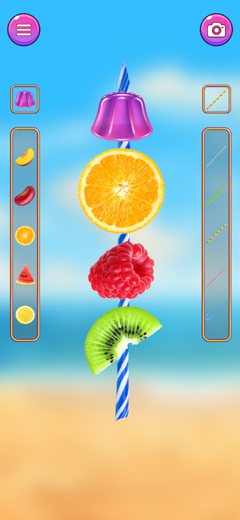 Boba Tea Maker: Bubble Recipe - ゼリー、オレンジ、ラズベリー、キウイスライスで飾られたストローが表示されているモバイルゲーム画面