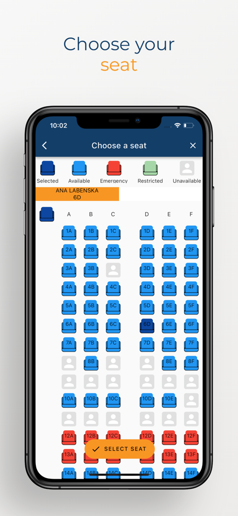 HiSky - HiSky Airline Mobile-App-Sitzplatzauswahl-Oberfläche mit Flugzeugkabinenkarte