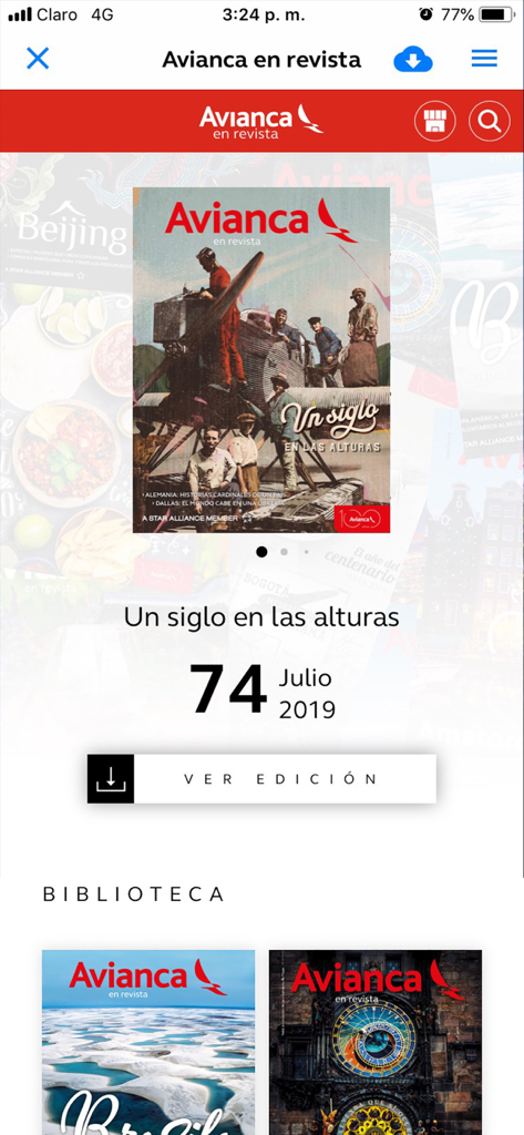 Avianca en Revista - La schermata iniziale dell'app Avianca en Revista che mostra una libreria di riviste digitali.