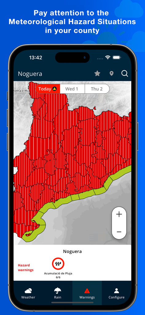Affichage de l'application mobile METEOCAT d'une carte de situation des dangers météorologiques pour la Catalogne