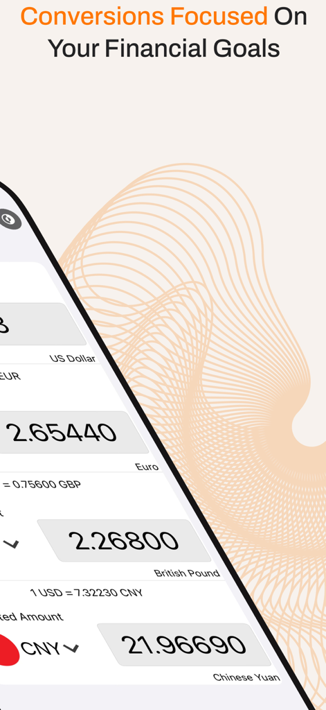 Currency Converter & Money! - A mobile screen showing currency conversion rates for Euro British Pound and Chinese Yuan