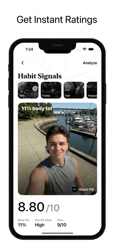 BlackPill: Look Your Best - BlackPill app interface showing AI analysis and physical attractiveness ratings for a user selfie