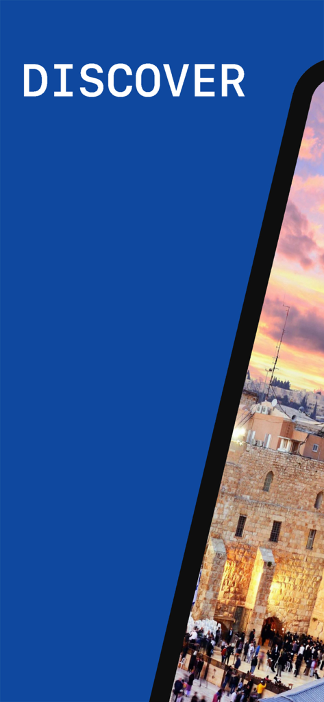 Screenshot of the Israel Travel Guide app featuring a sunset view of the Western Wall and the word DISCOVER.