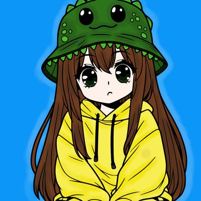 girl with anime shaped eyes with a dinosaur bucket hat oversized sweatshirt long straight hair