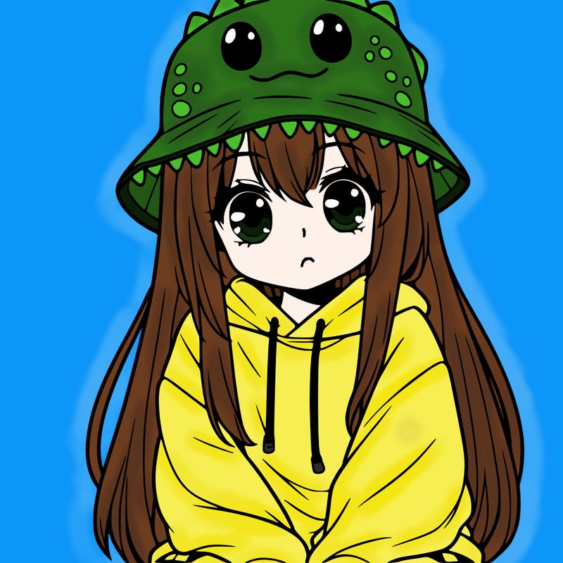 girl with anime shaped eyes with a dinosaur bucket hat oversized sweatshirt long straight hair
