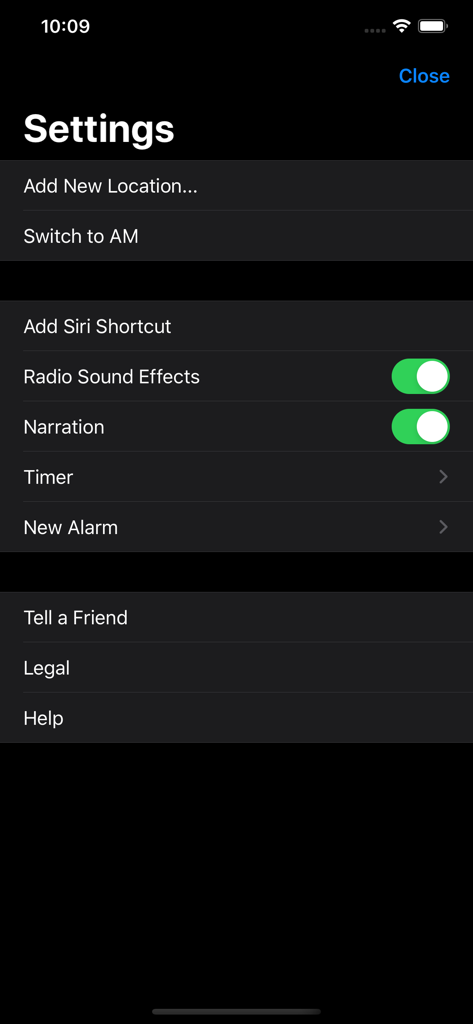 RadioApp - A Simple Radio App - Settings screen of RadioApp showing options for Siri shortcuts, sound effects, narration, alarms, and timers.