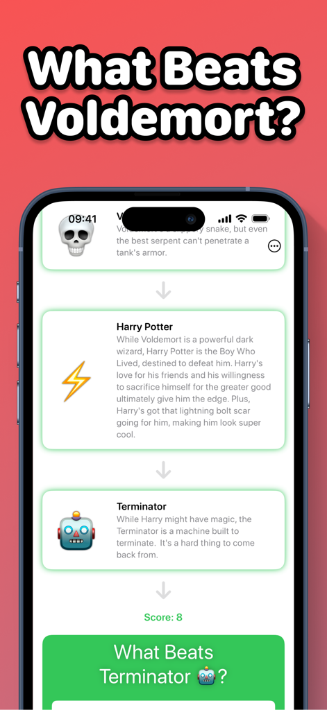 Mobile game screenshot showing a sequence where Harry Potter beats Voldemort and Terminator beats Harry Potter