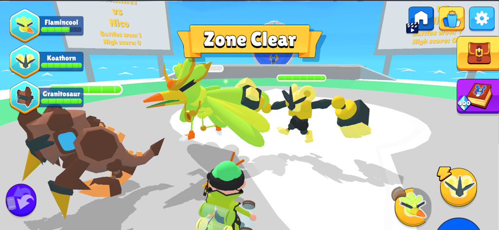 A victory screen in Toonsters Crossing Worlds showing the monsters Flamincool, Koathorn, and Granitosaur after clearing a zone.