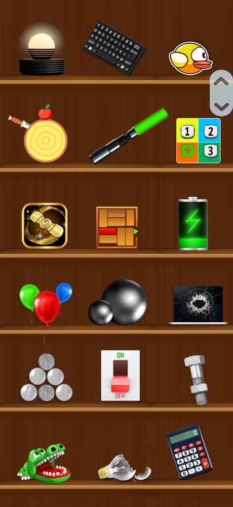 Relaxing Antistress popit Game - Un menú de estante de madera que muestra varios minijuegos antistrés coloridos e íconos de juguetes antiestrés