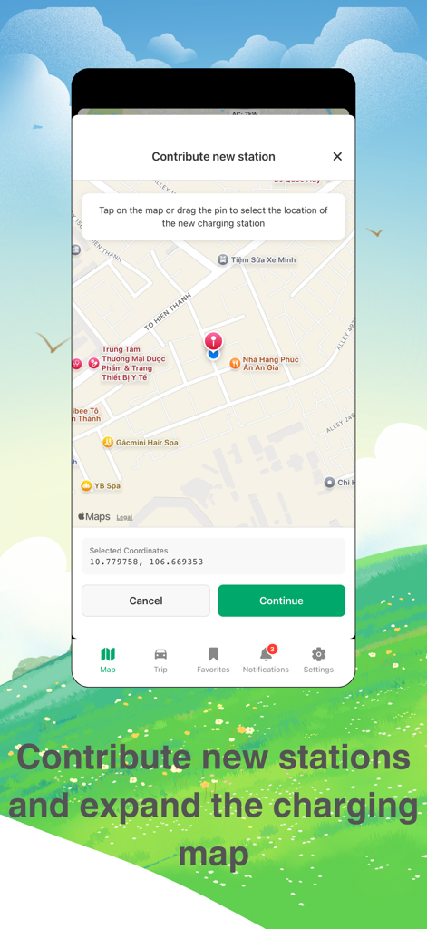 Việt EV - Map interface in the Việt EV app showing how users can contribute and mark a new electric vehicle charging station location