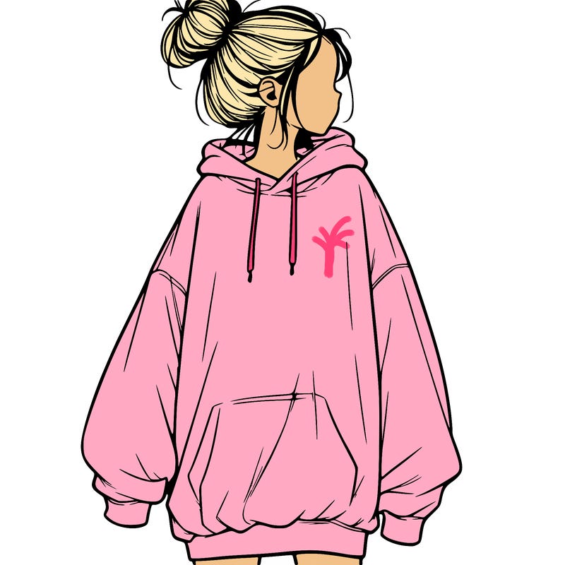 realistic girl with a oversized sweatshirt on and a bun