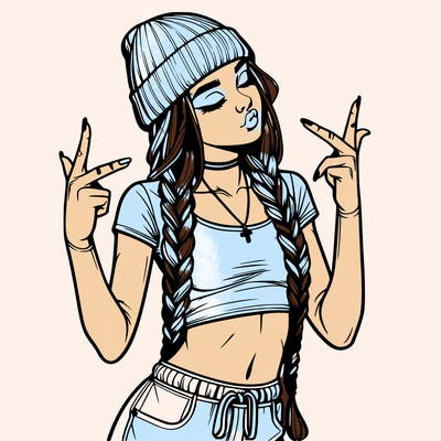realistic teenage girl with braids and a beanie and crop top doing 🫶🏼