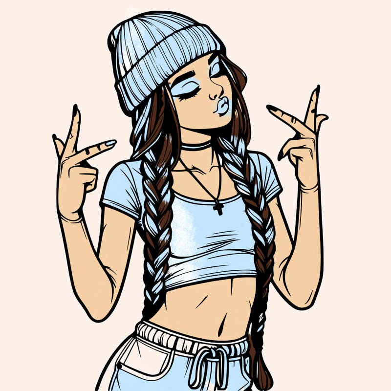 realistic teenage girl with braids and a beanie and crop top doing 🫶🏼