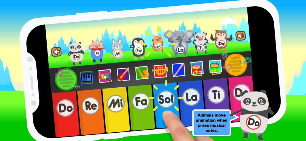 Piano rhymes animal noises - Colorful kids piano app with animated animal characters and musical instrument icons