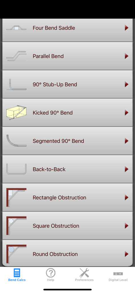 List of conduit bend calculation types in the Conduit Bender Elite app