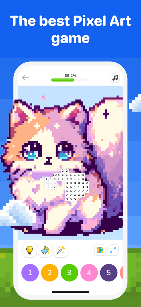 Interface of Pixel Color app showing a cute pixel art cat being colored by numbers